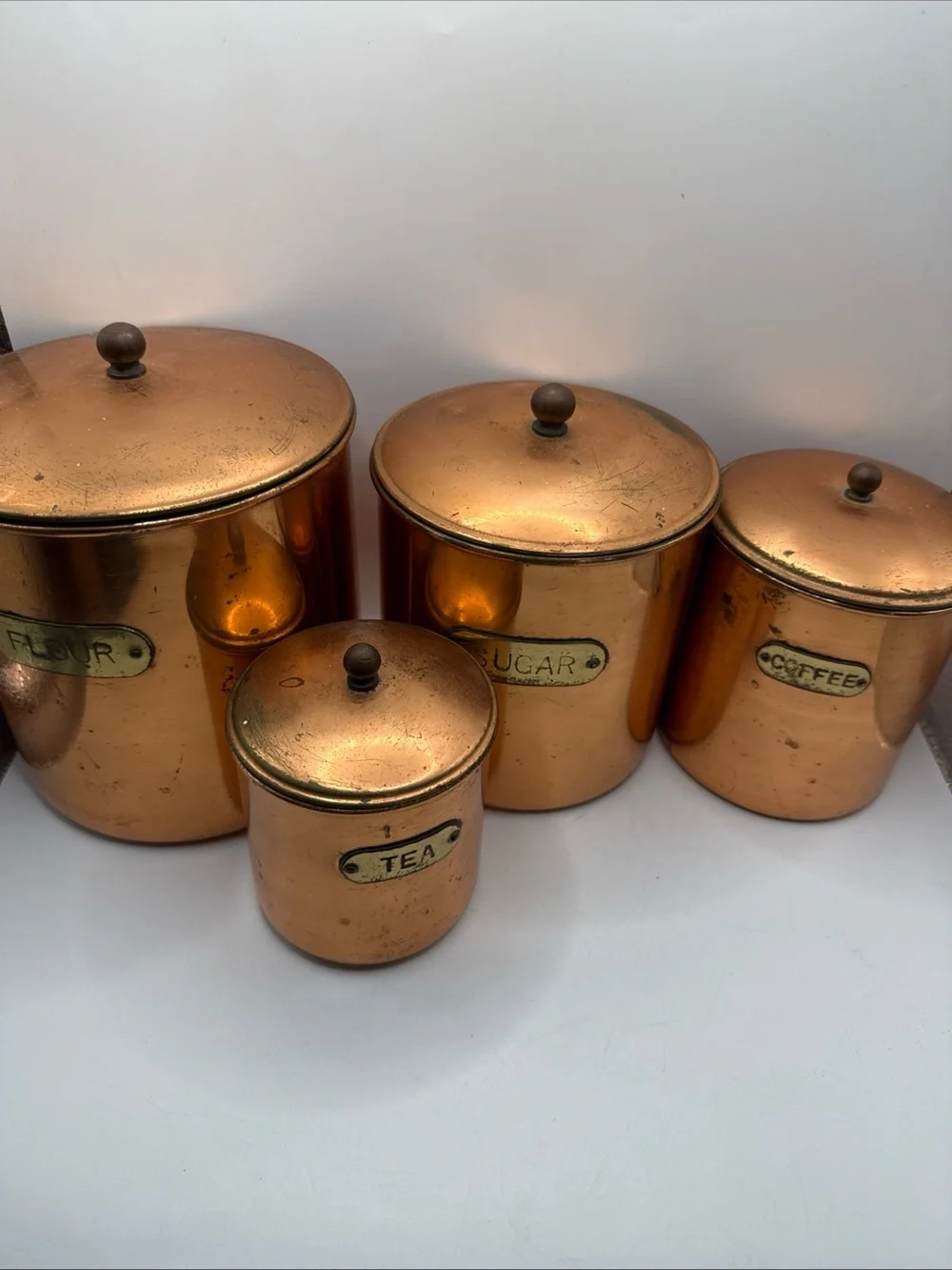 MCM Copper & Brass Vintage Canisters Patina Nesting Set 4 Flour/Sugar/Coffee/Tea
